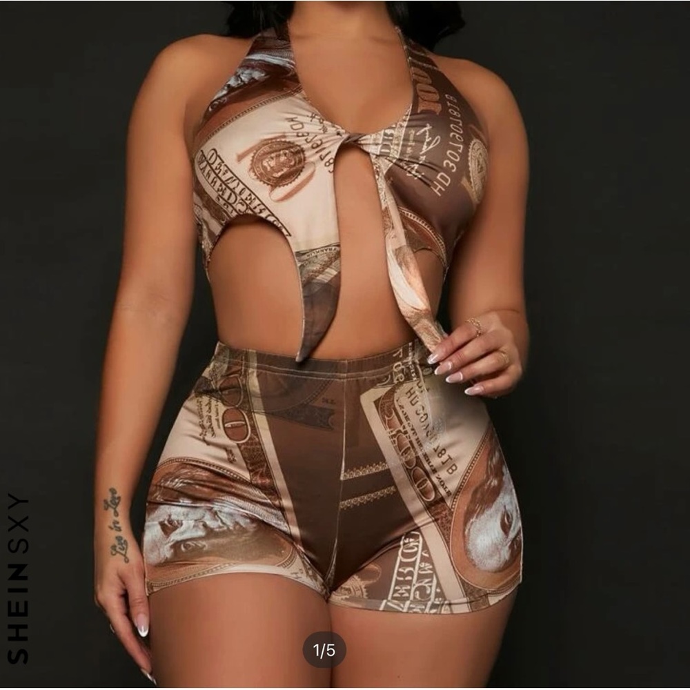 Dollar Print Twist Tie Backless Hem Crop Halter Top & Shorts